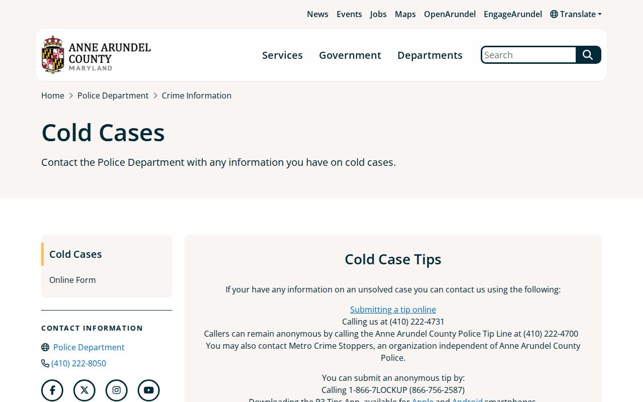 Anne Arundel County Police cold case and Metro Crime Stoppers tip page, warrant tip routing