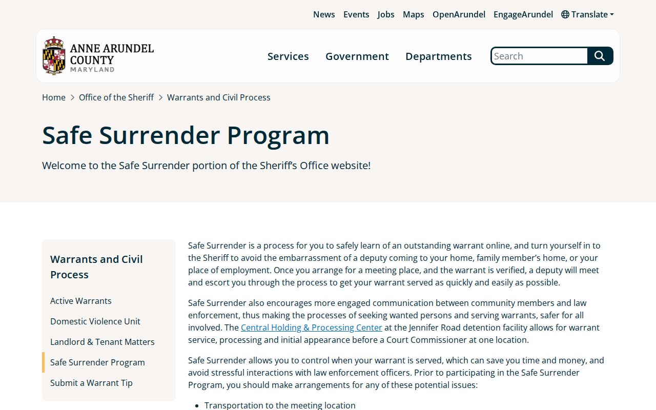 Anne Arundel County Safe Surrender and warrant recall page for bench warrant resolution