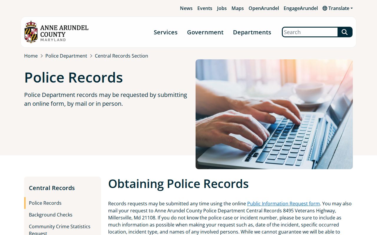 Anne Arundel County Police Central Records request routes for local reports