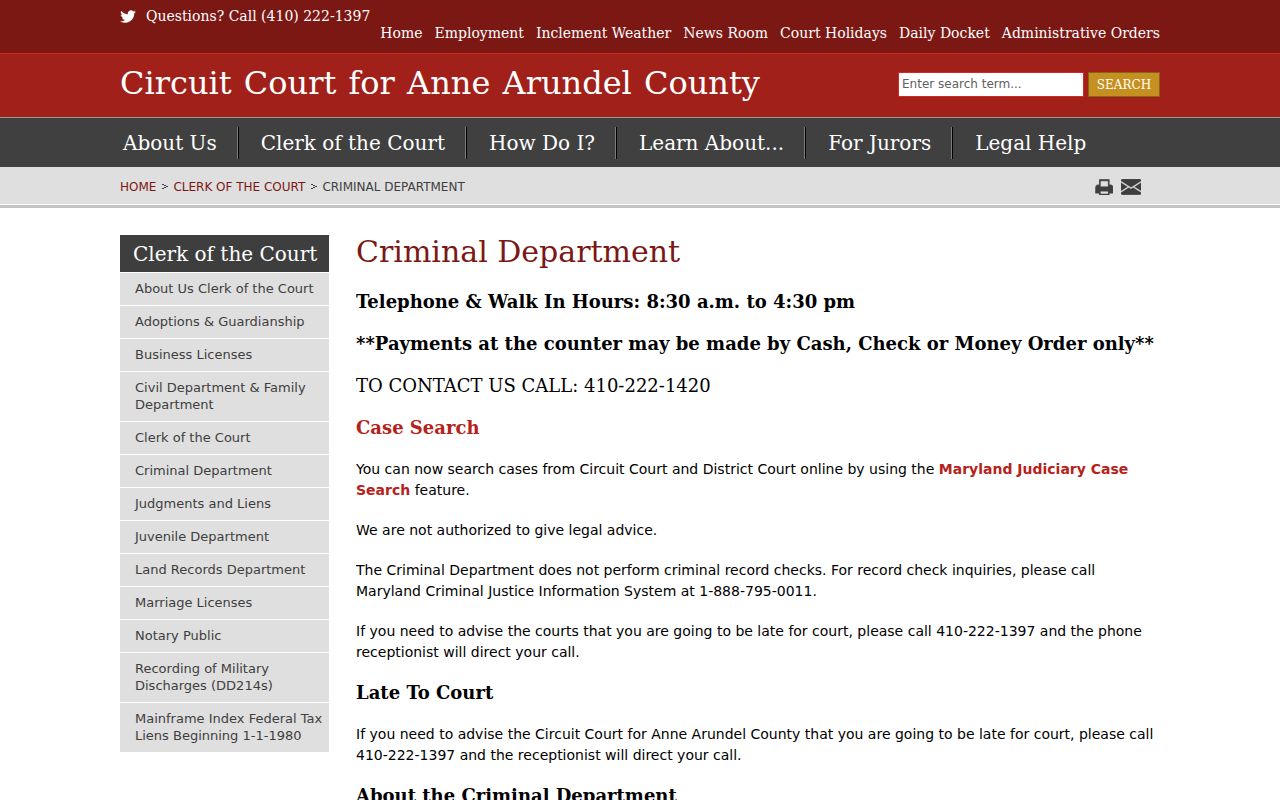 Anne Arundel County Circuit Court criminal department process for court-issued warrants