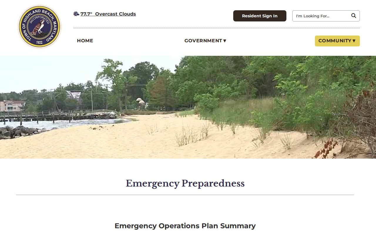 Highland Beach emergency preparedness page, Anne Arundel County warrant enforcement routing