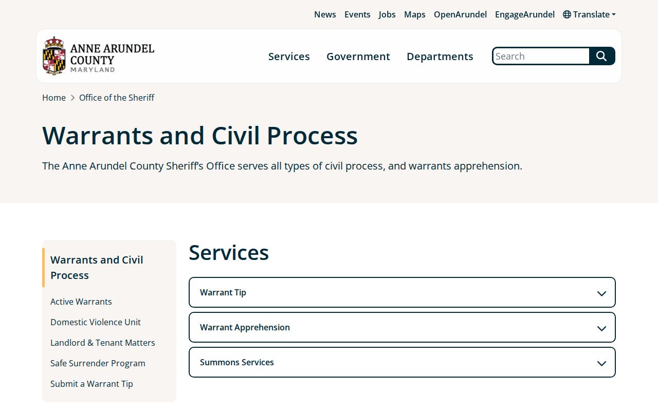 Anne Arundel County warrant clearinghouse page from the Sheriff's Office